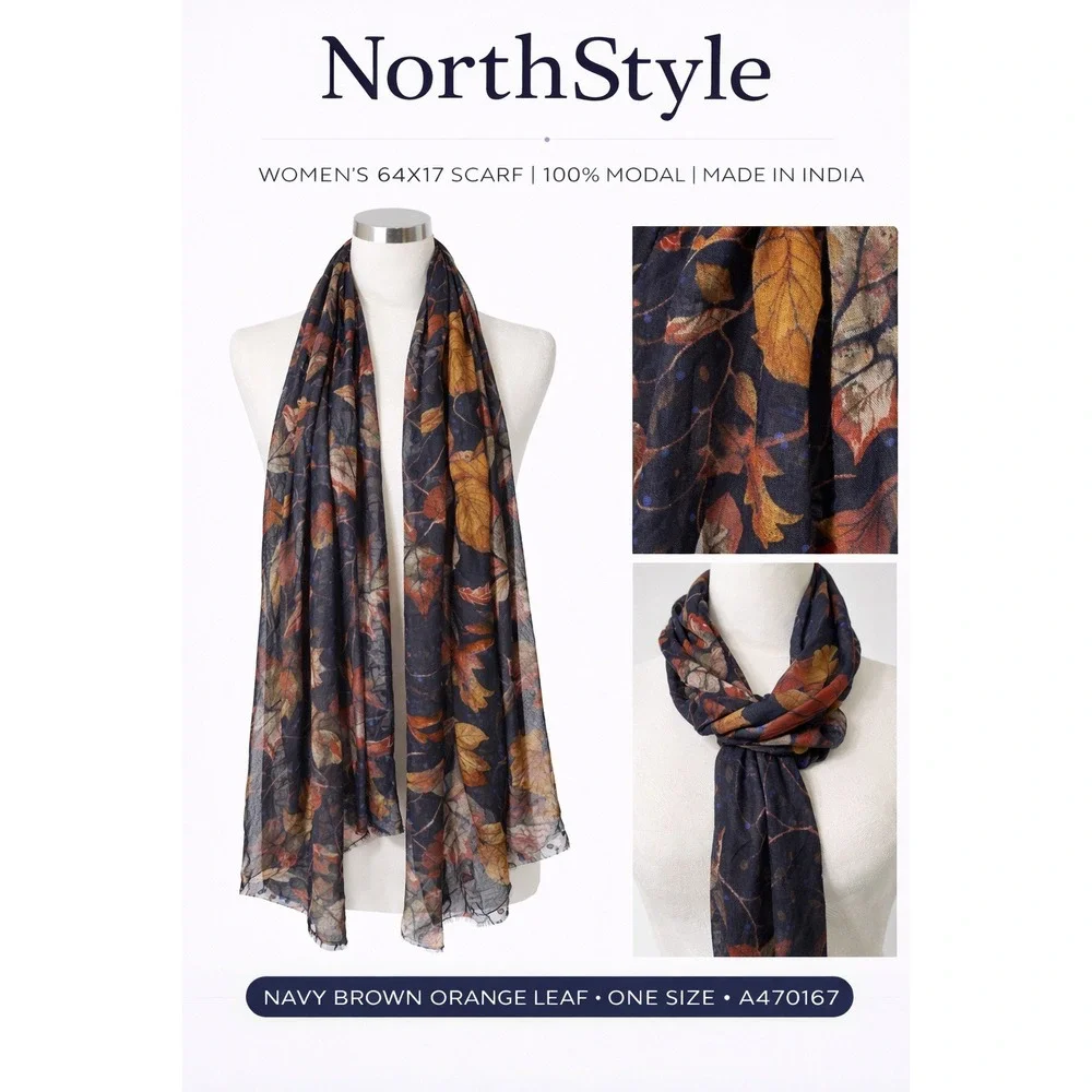 NorthStyle Womens Navy Brown Orange Leaf Print 100% Modal Scarf 64x17‎ A470167
